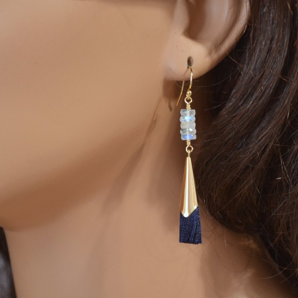 Rainbow Moonstone Gemstone Earrings with Navy Blue Tassels